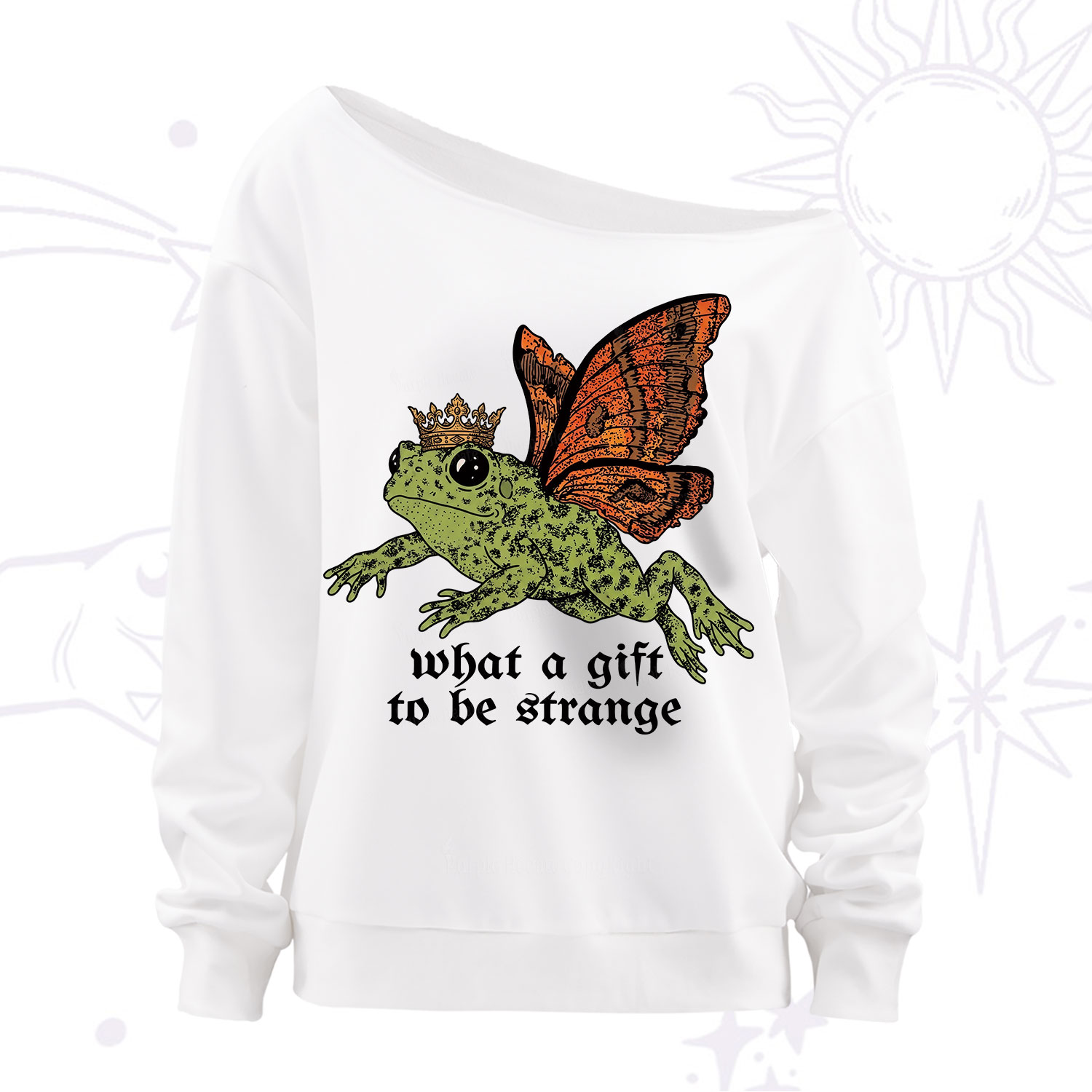 Purplehecate What a Gift to Be Strange Cat Frog Off The Shoulder Sweatshirt