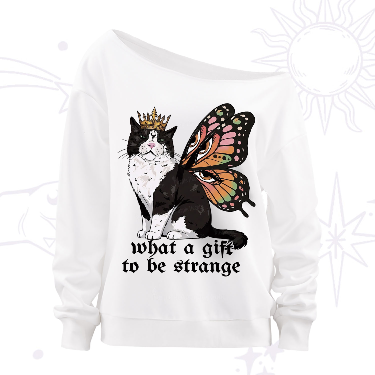 Purplehecate What a Gift to Be Strange Cat Off The Shoulder Sweatshirt