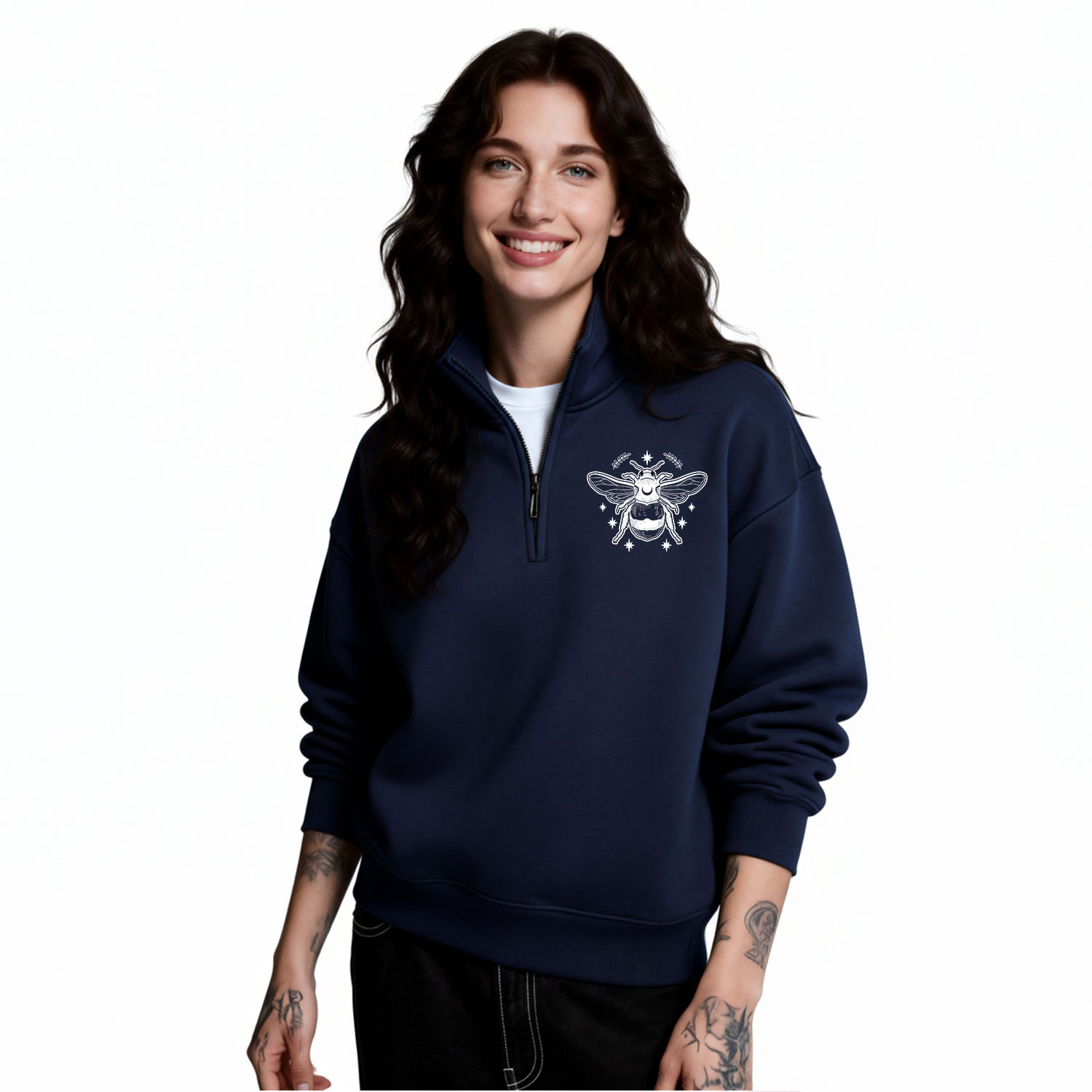 Purplehecate Moon Bee Quarter Zip Fleece Sweatshirt