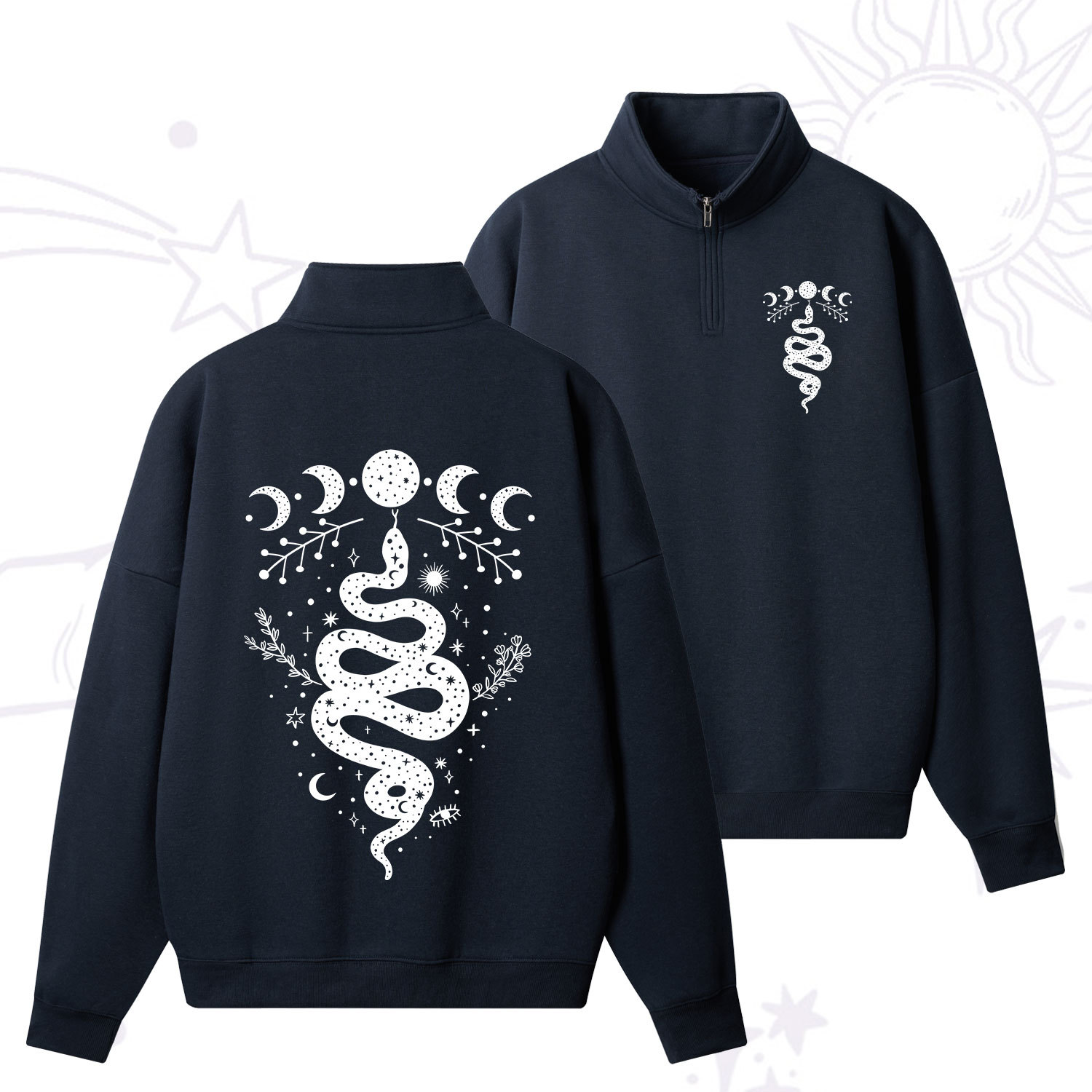 Purplehecate Snake And Moon Phase Comfort Quarter Zip Fleece Sweatshirt