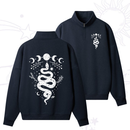 Purplehecate Snake And Moon Phase Comfort Quarter Zip Fleece Sweatshirt