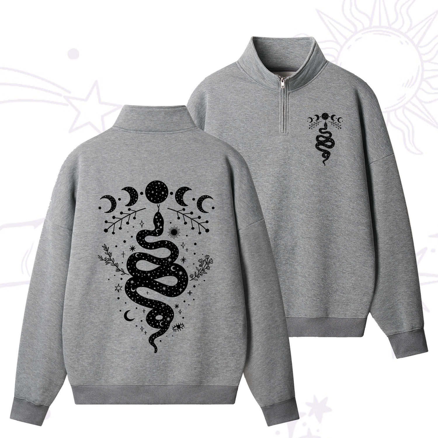 Purplehecate Snake And Moon Phase Comfort Quarter Zip Fleece Sweatshirt