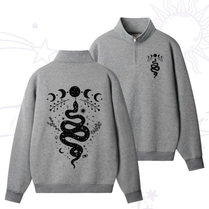 Purplehecate Snake And Moon Phase Comfort Quarter Zip Fleece Sweatshirt