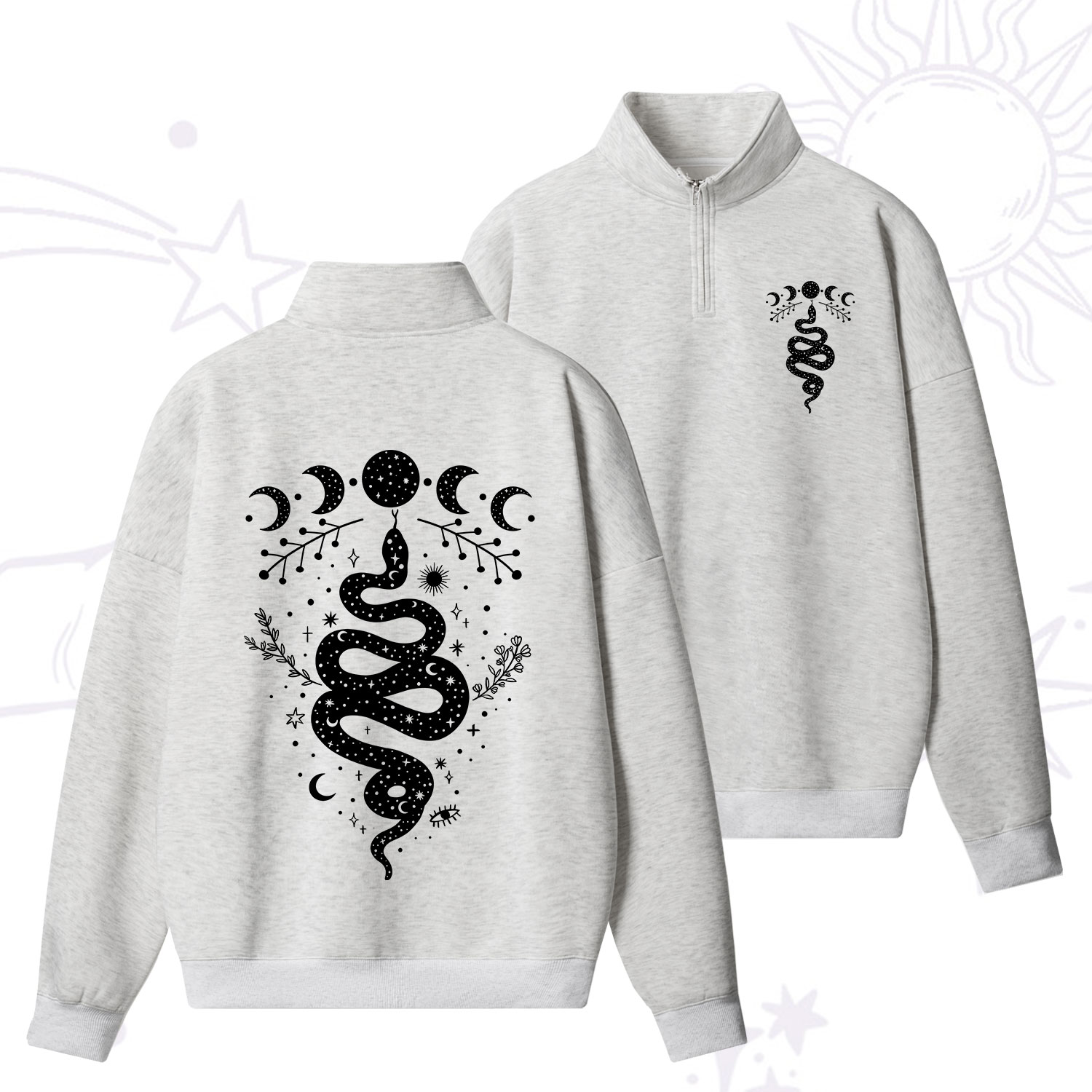 Purplehecate Snake And Moon Phase Comfort Quarter Zip Fleece Sweatshirt