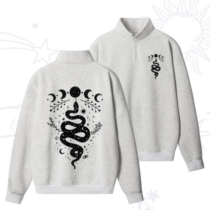 Purplehecate Snake And Moon Phase Comfort Quarter Zip Fleece Sweatshirt