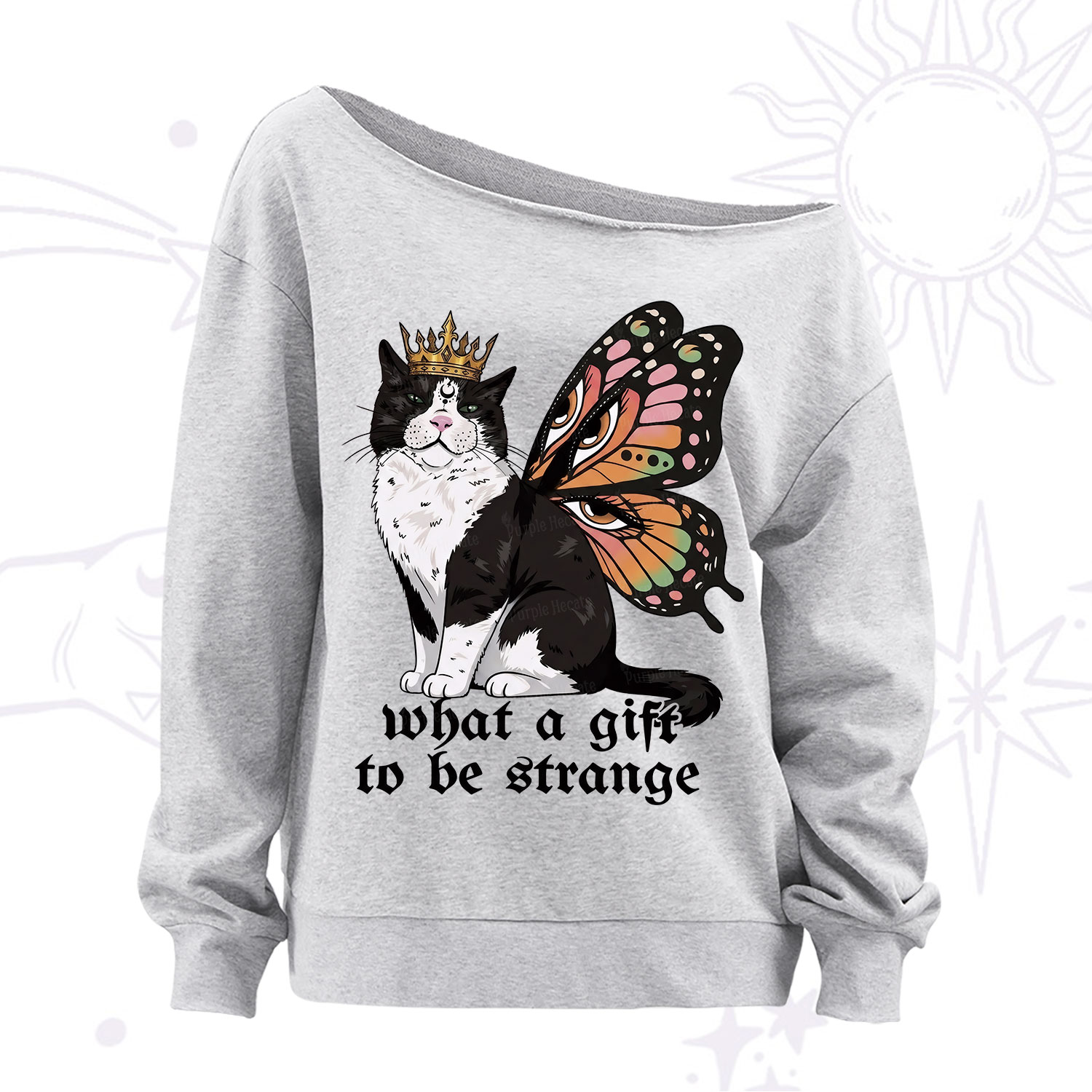 Purplehecate What a Gift to Be Strange Cat Off The Shoulder Sweatshirt