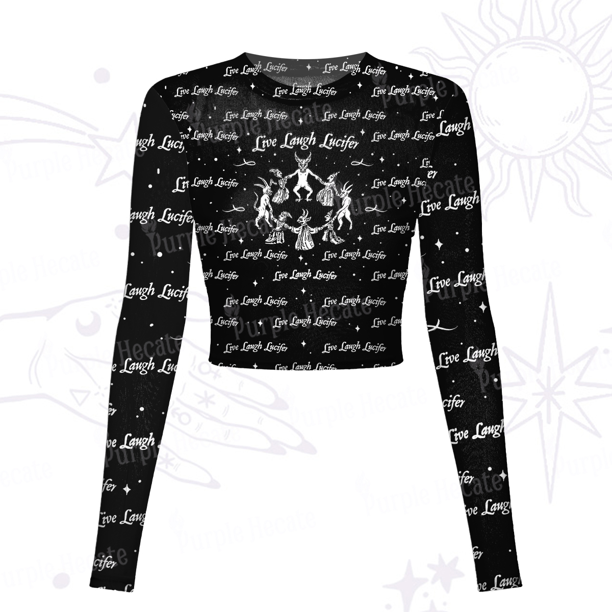 Purplehecate Live Laugh Lucifer Mesh Long Sleeve Crop Top