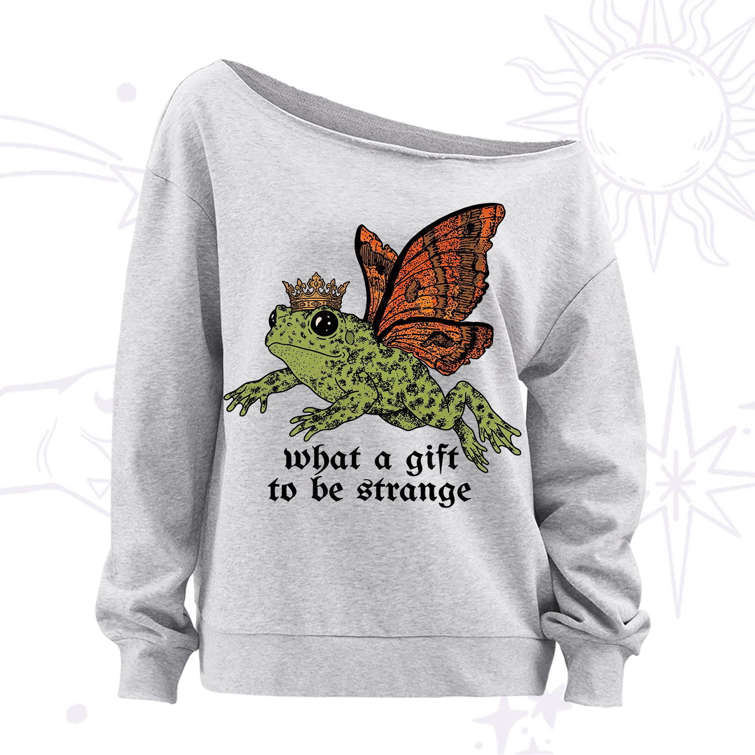 Purplehecate What a Gift to Be Strange Cat Frog Off The Shoulder Sweatshirt
