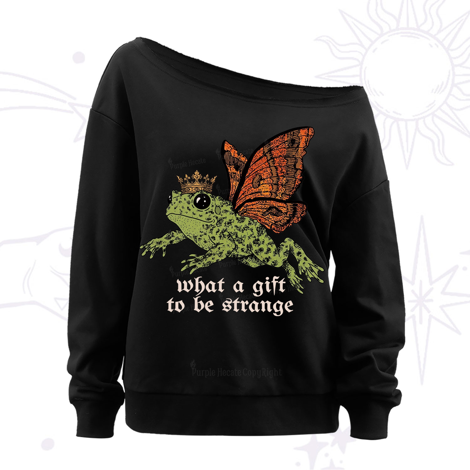 Purplehecate What a Gift to Be Strange Cat Frog Off The Shoulder Sweatshirt