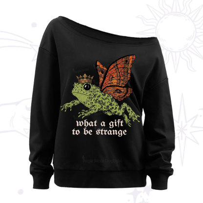 Purplehecate What a Gift to Be Strange Cat Frog Off The Shoulder Sweatshirt