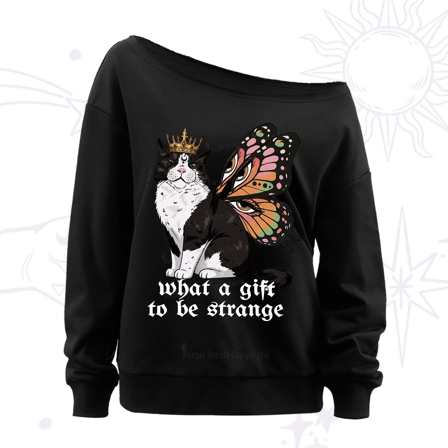 Purplehecate What a Gift to Be Strange Cat Off The Shoulder Sweatshirt