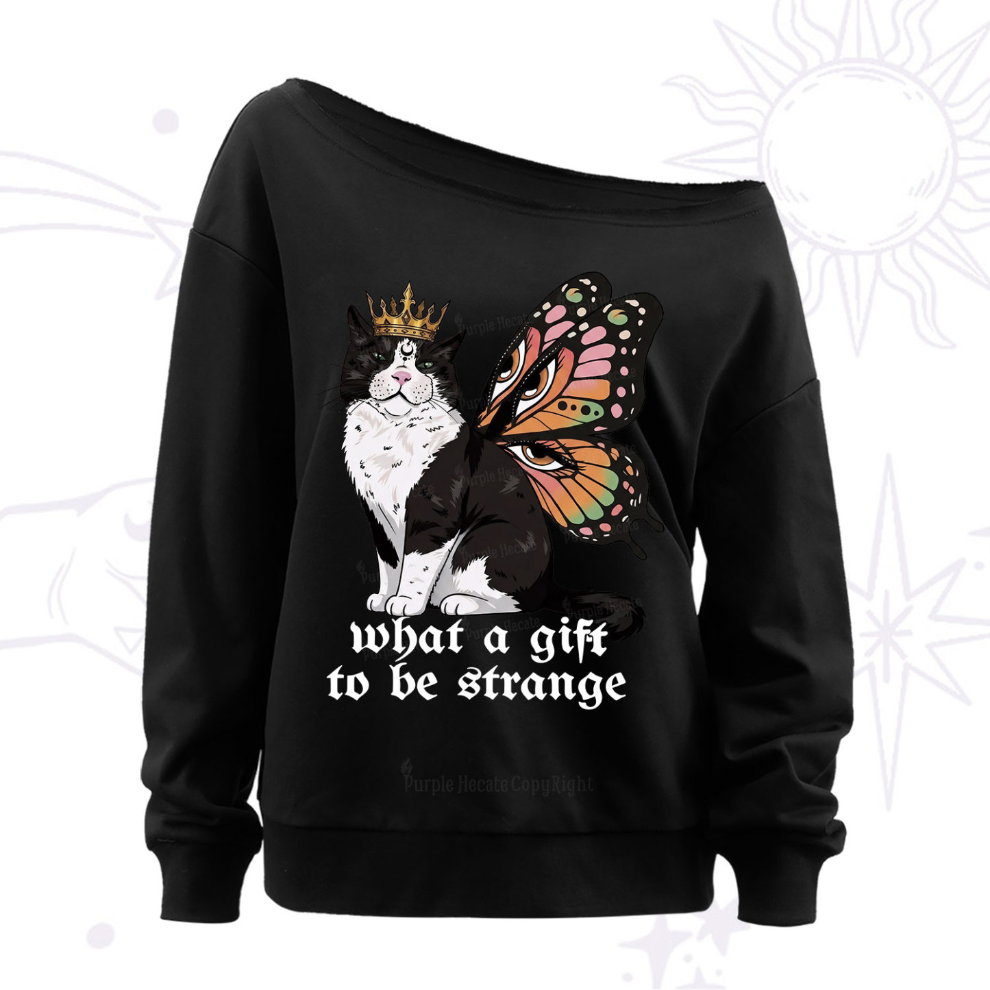 Purplehecate What a Gift to Be Strange Cat Off The Shoulder Sweat