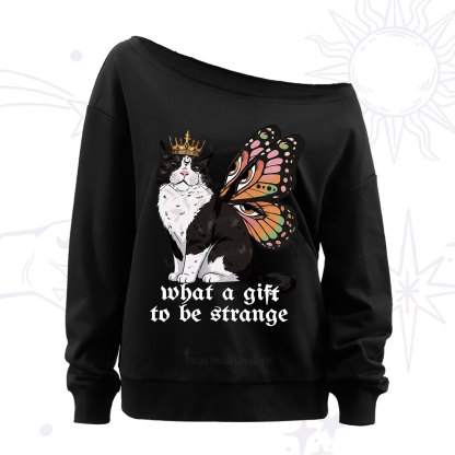 Purplehecate What a Gift to Be Strange Cat Off The Shoulder Sweatshirt