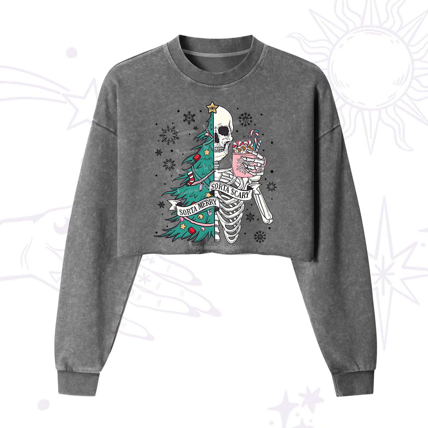 Purplehecate Sorta Merry Sorta Scary Christmas Cropped Washed Sweatshirt