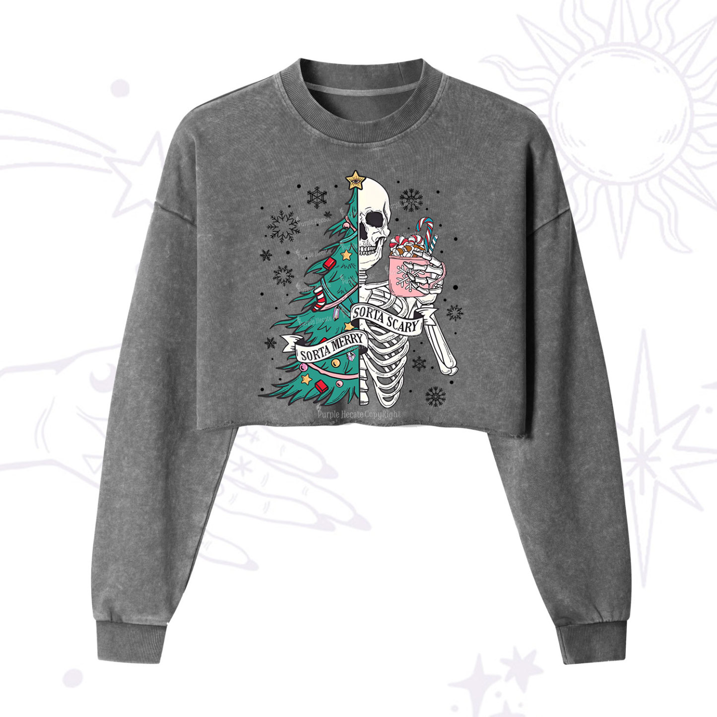 Purplehecate Sorta Merry Sorta Scary Christmas Cropped Washed Sweatshirt