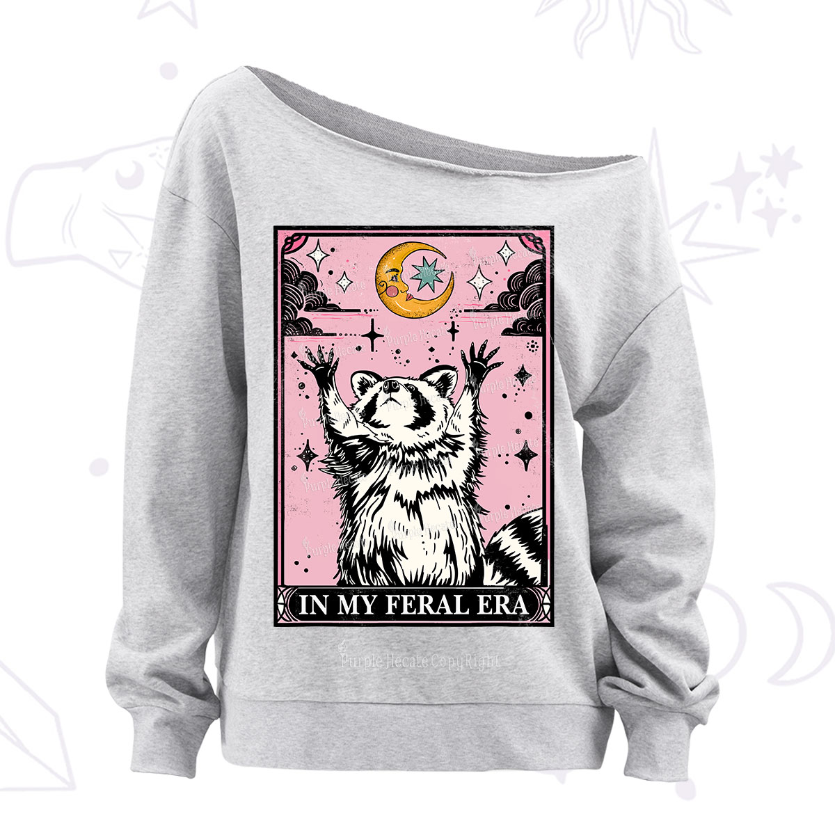 Purplehecate The In My Feral Era Tarot Raccoon Off The Shoulder Sweatshirt