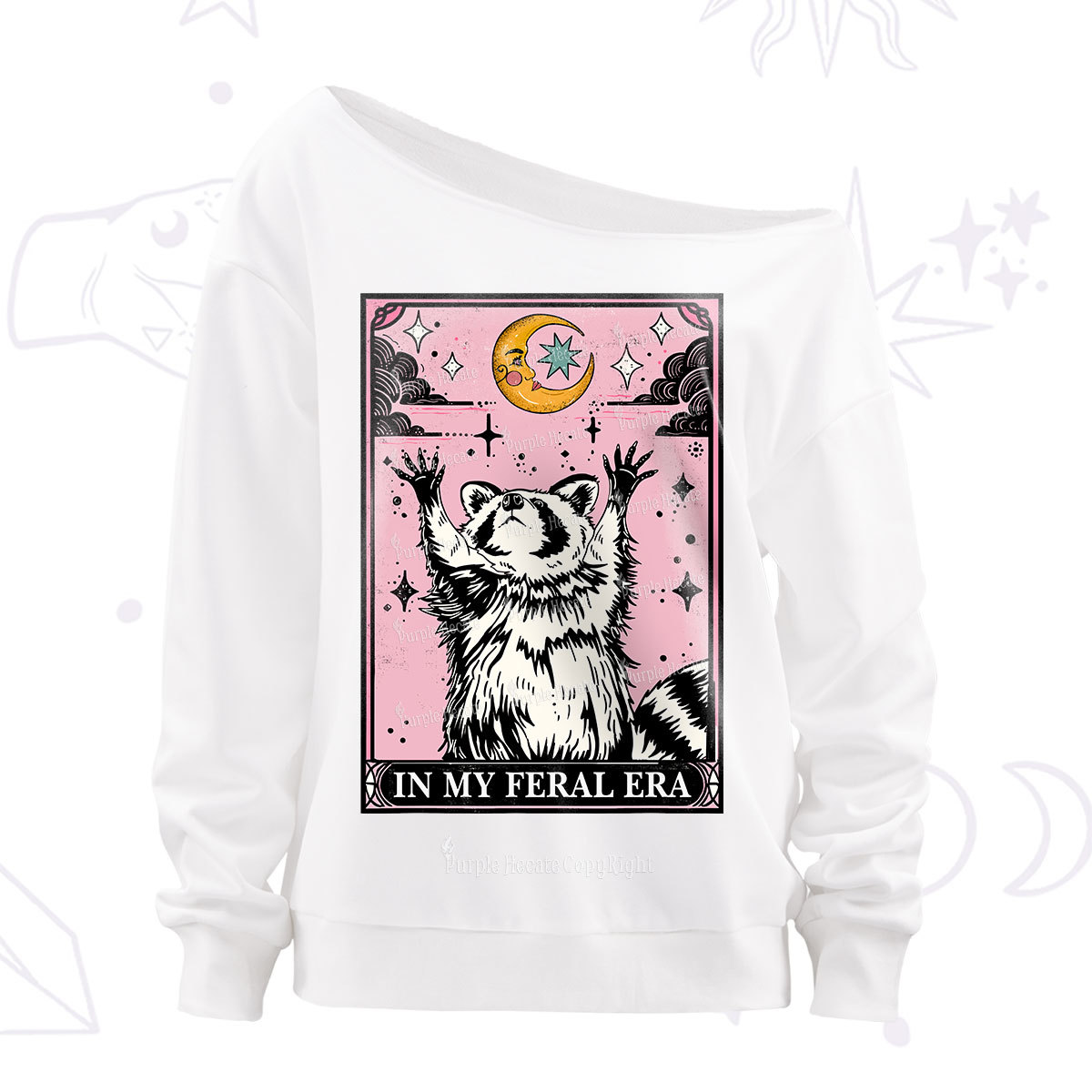 Purplehecate The In My Feral Era Tarot Raccoon Off The Shoulder Sweatshirt