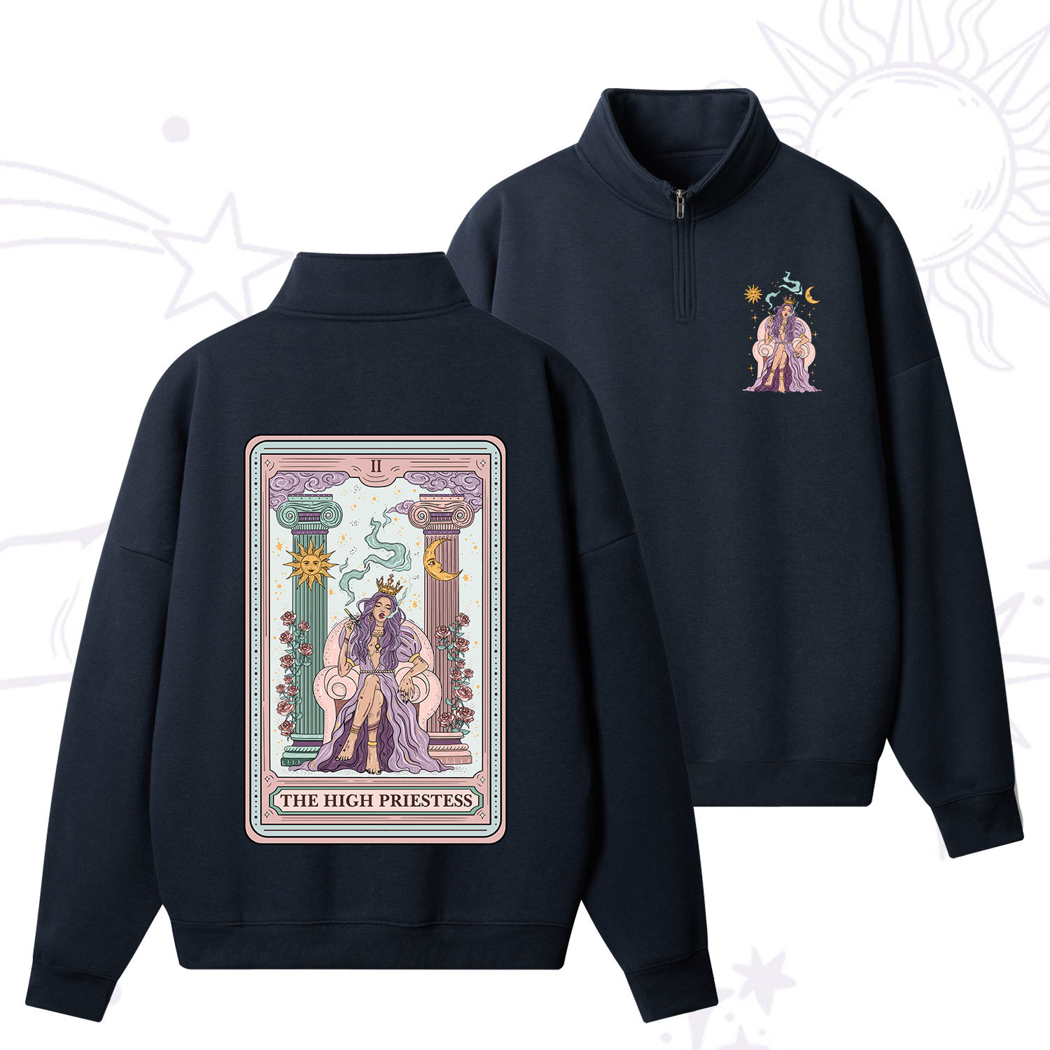 Purplehecate The High Priestess Tarot Card Quarter Zip Fleece Sweatshirt
