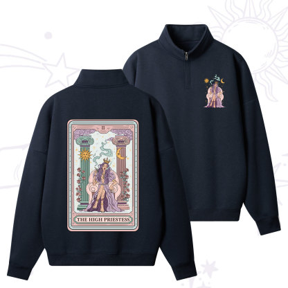 Purplehecate The High Priestess Tarot Card Quarter Zip Fleece Sweatshirt