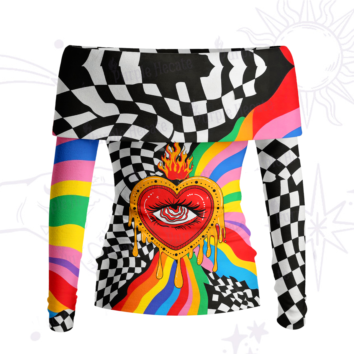 Purplehecate Trippy Rainbow Heart Eye Off Shoulder Long Sleeve Knit Top