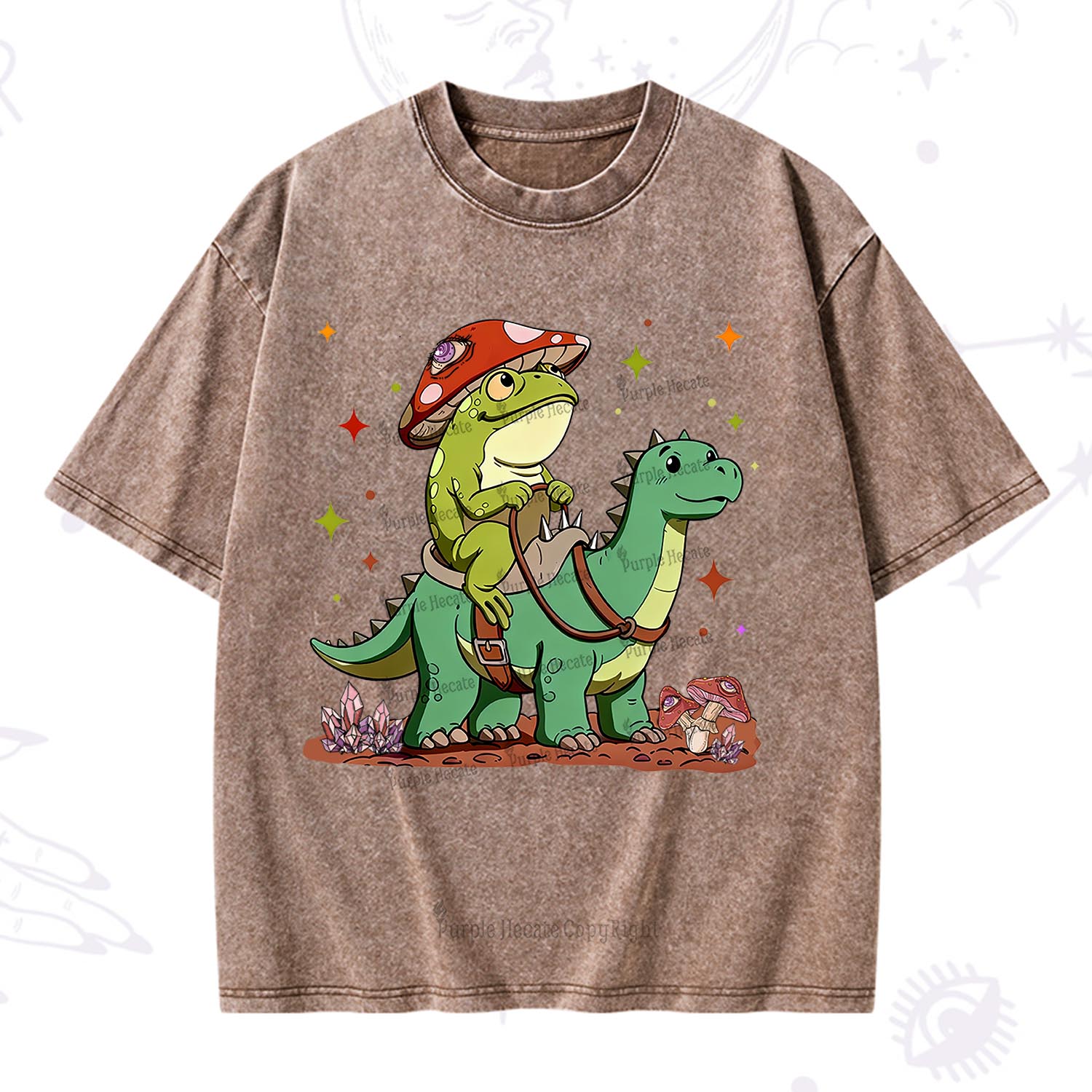 Purplehecate  Frog Riding a Dinosaur Washed T-Shirt