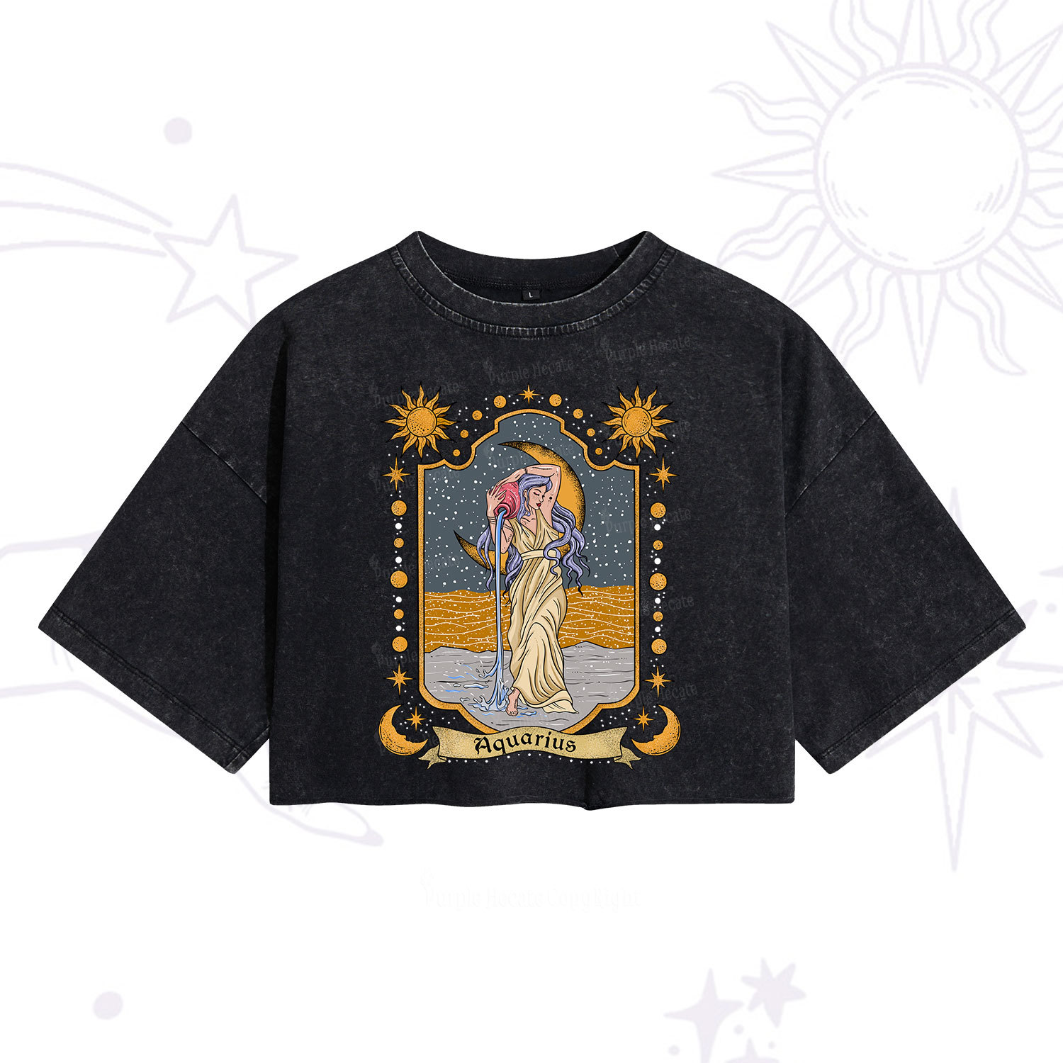 Purplehecate Aquarius Zodiac Washed Cropped T-Shirt
