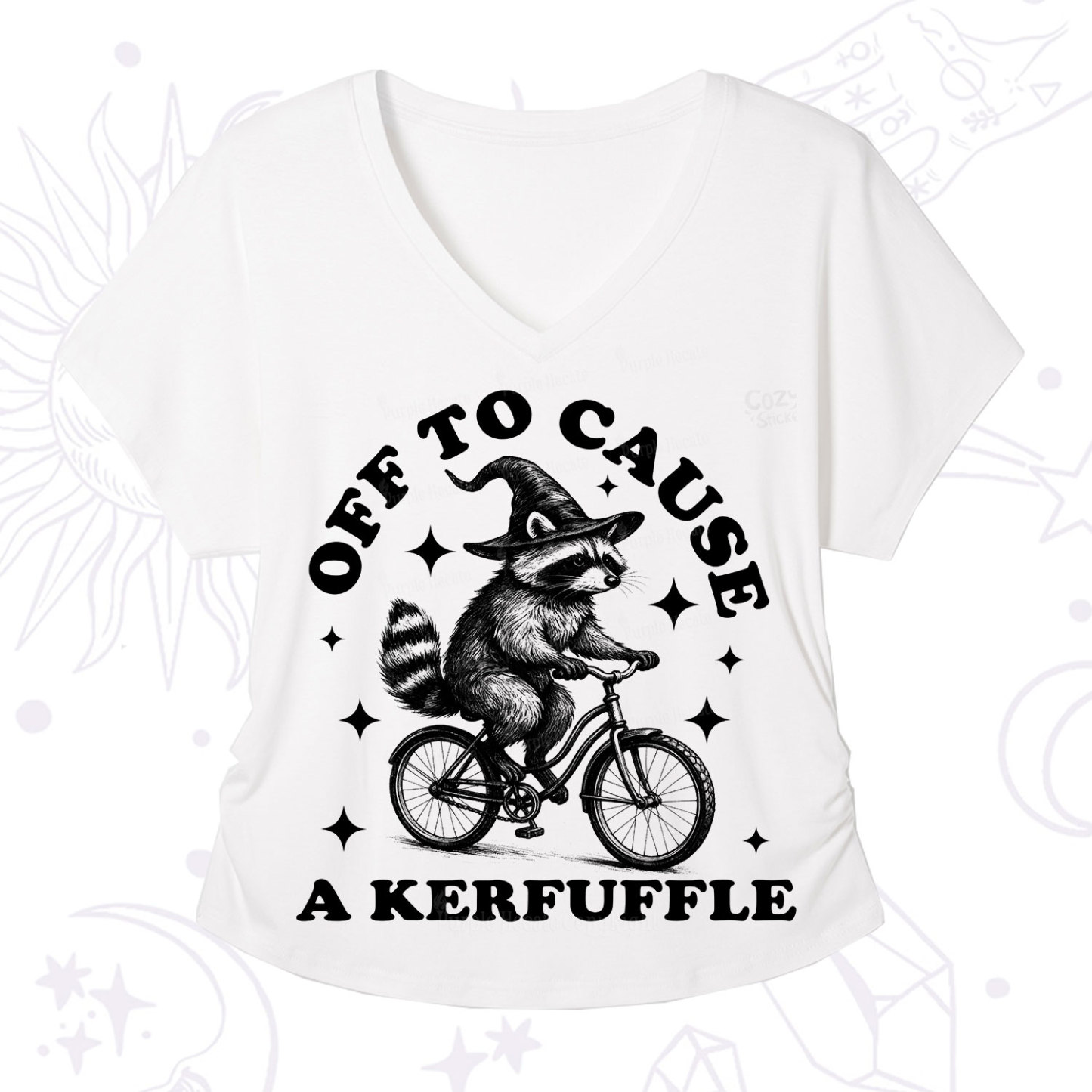 Purplehecate Off to Cause a Kerfuffle Raccoon V-Neck T-Shirt