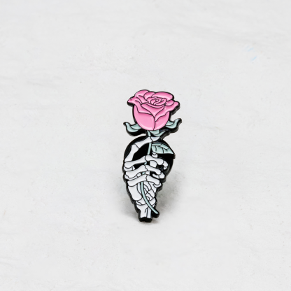 Purplehecate The Skull Hand Holding Pink Rose Pin