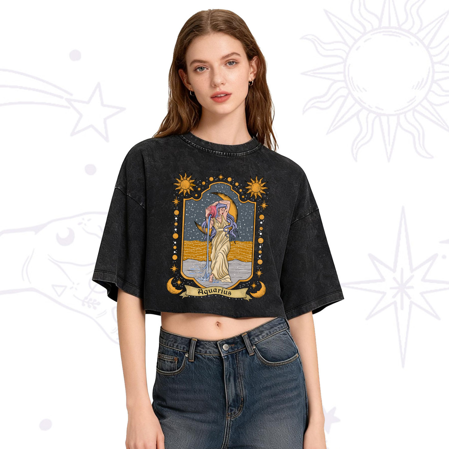 Purplehecate Aquarius Zodiac Washed Cropped T-Shirt