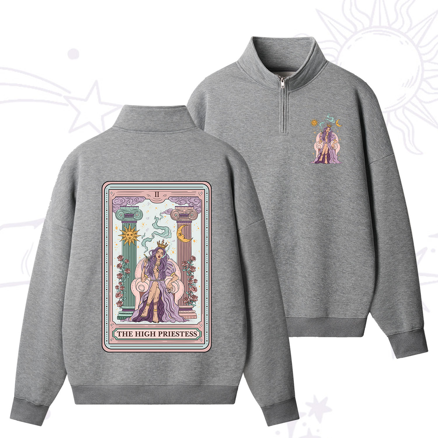 Purplehecate The High Priestess Tarot Card Quarter Zip Fleece Sweatshirt