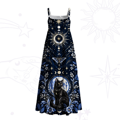 Purplehecate Lunar Oracle Witch's Cat Wide Straps Maxi Dress