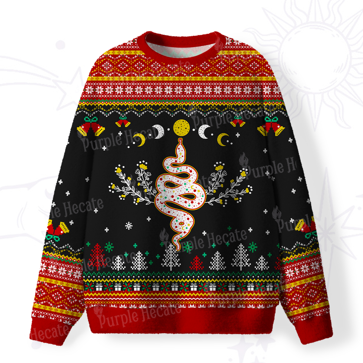 Purplehecate Snake And Moon Phase Fuzzy Ugly Christmas Sweatshirt
