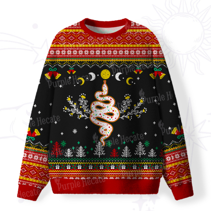 Purplehecate Snake And Moon Phase Fuzzy Ugly Christmas Sweatshirt