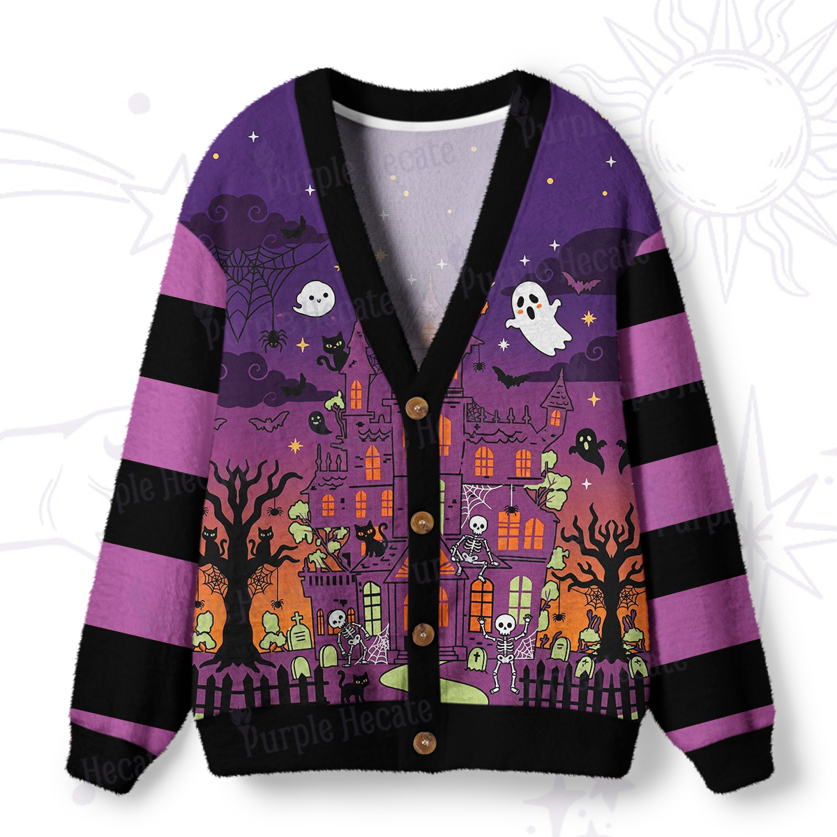 Purplehecate Spooky Haunted Mansion Ugly Cardigan Sweaters