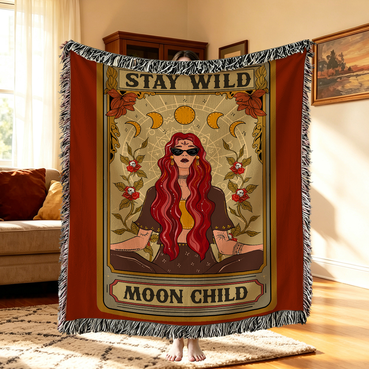 Purplehecate The Stay Wild Moon Child Oracle Card Woven Tapestry Blanket