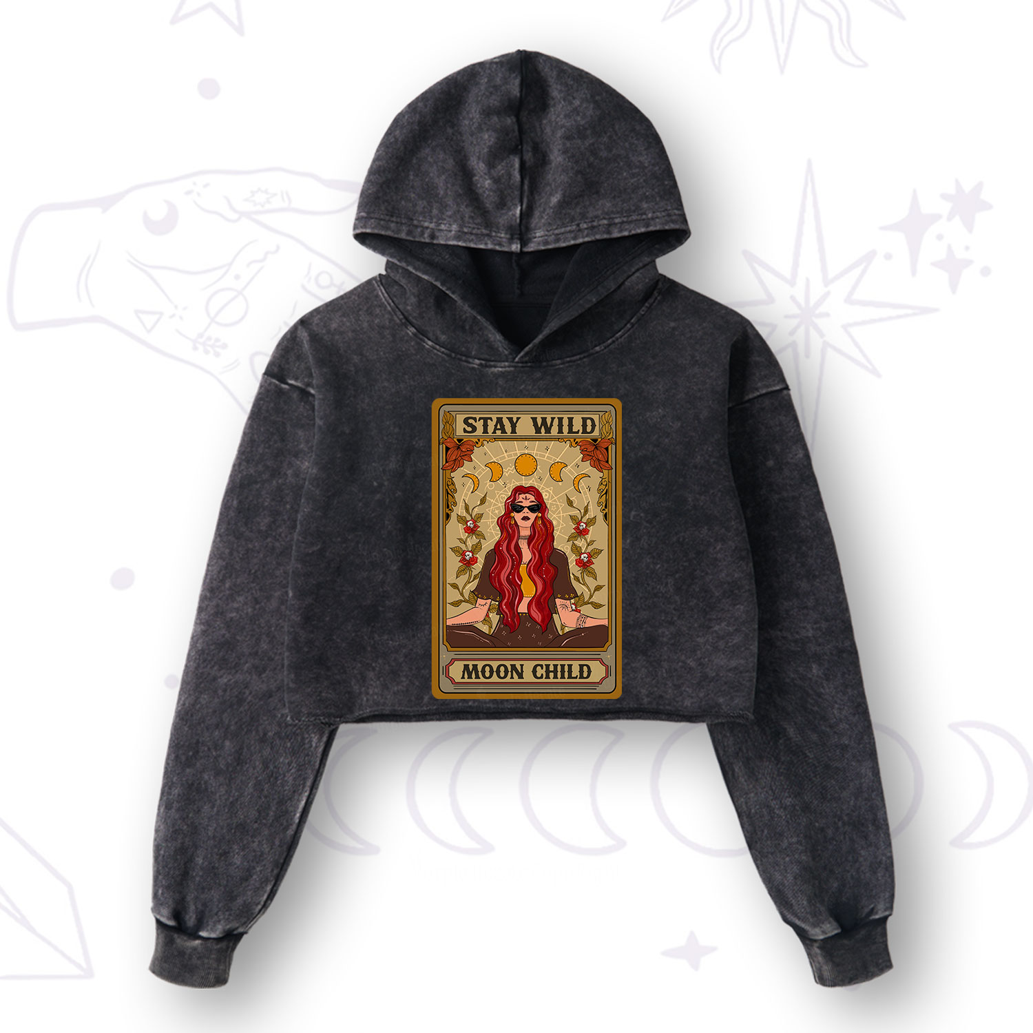 Purplehecate The Stay Wild Moon Child Oracle Card Washed Cropped Hoodie