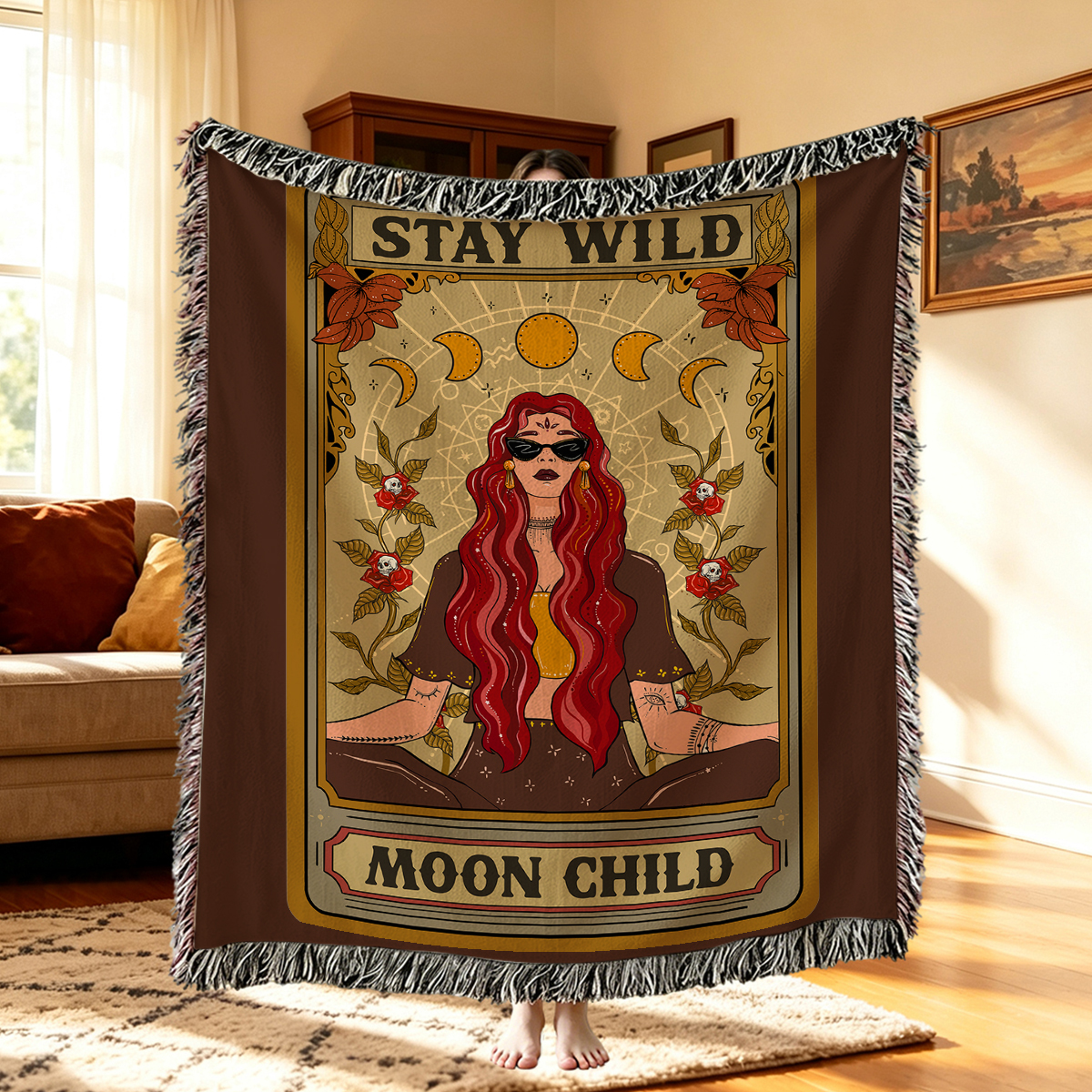 Purplehecate The Stay Wild Moon Child Oracle Card Woven Tapestry Blanket