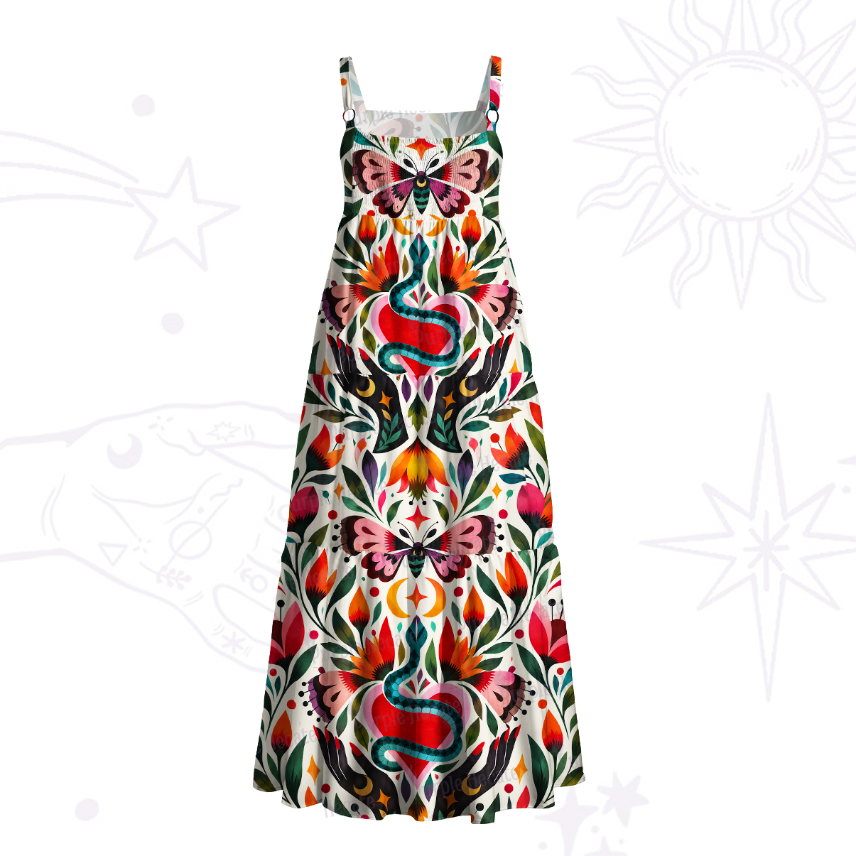 Purplehecate Serpent Heart Butterfly Garden Wide Straps Maxi Dress