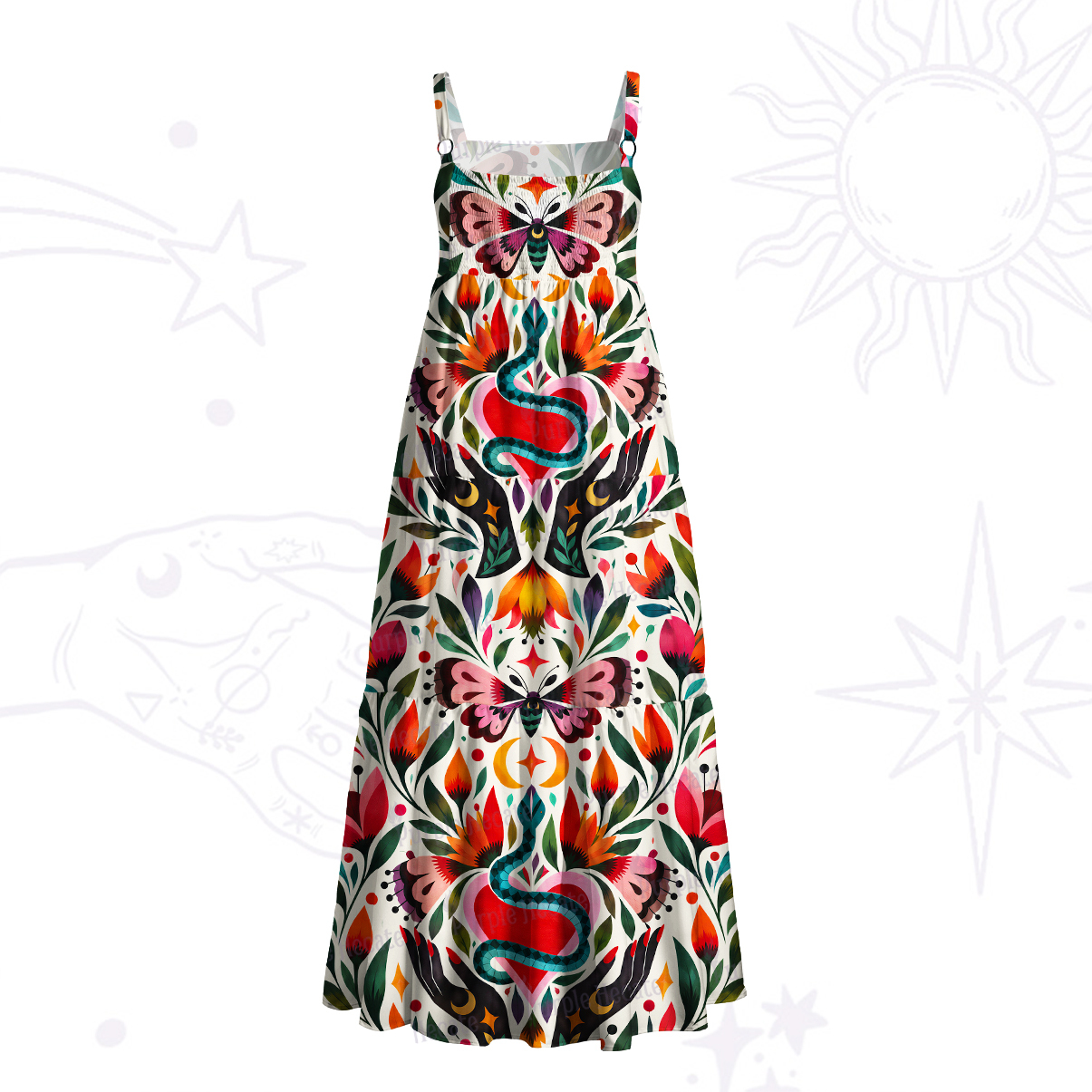 Purplehecate Serpent Heart Butterfly Garden Wide Straps Maxi Dress