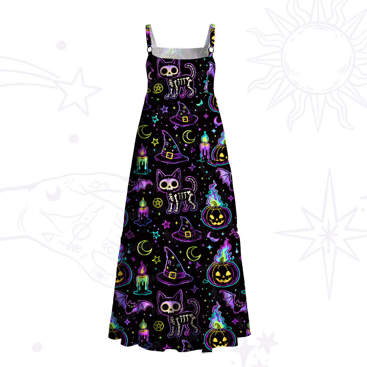 Purplehecate Neon Halloween Skeleton Cat Wide Straps Maxi Dress