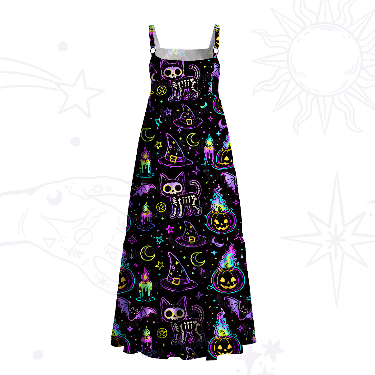 Purplehecate Neon Halloween Skeleton Cat Wide Straps Maxi Dress