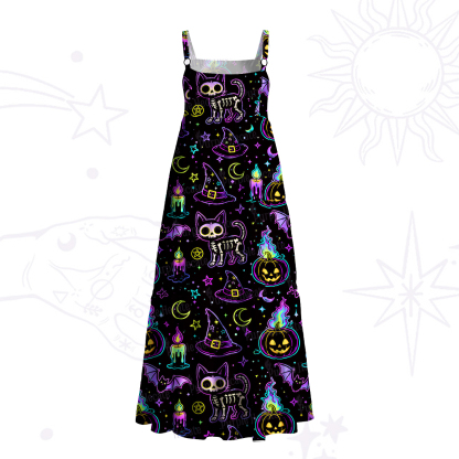 Purplehecate Neon Halloween Skeleton Cat Wide Straps Maxi Dress