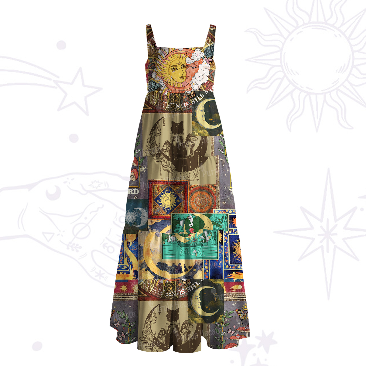 Purplehecate Starry Moon Patchwork for Cosmic Lovers Wide Straps Maxi Dress