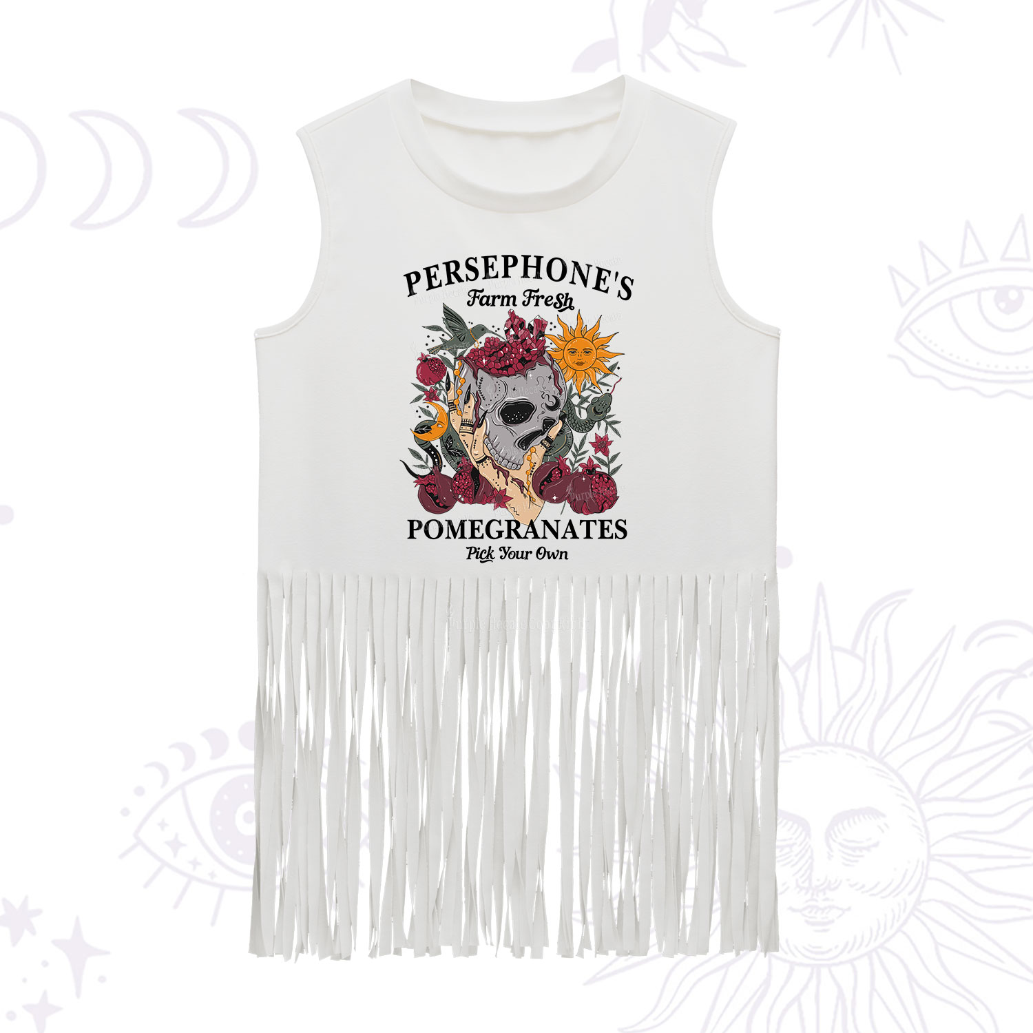 Purplehecate Persephone's Farm Fresh Pomegranates Pick Your Own Fringe Tank Top