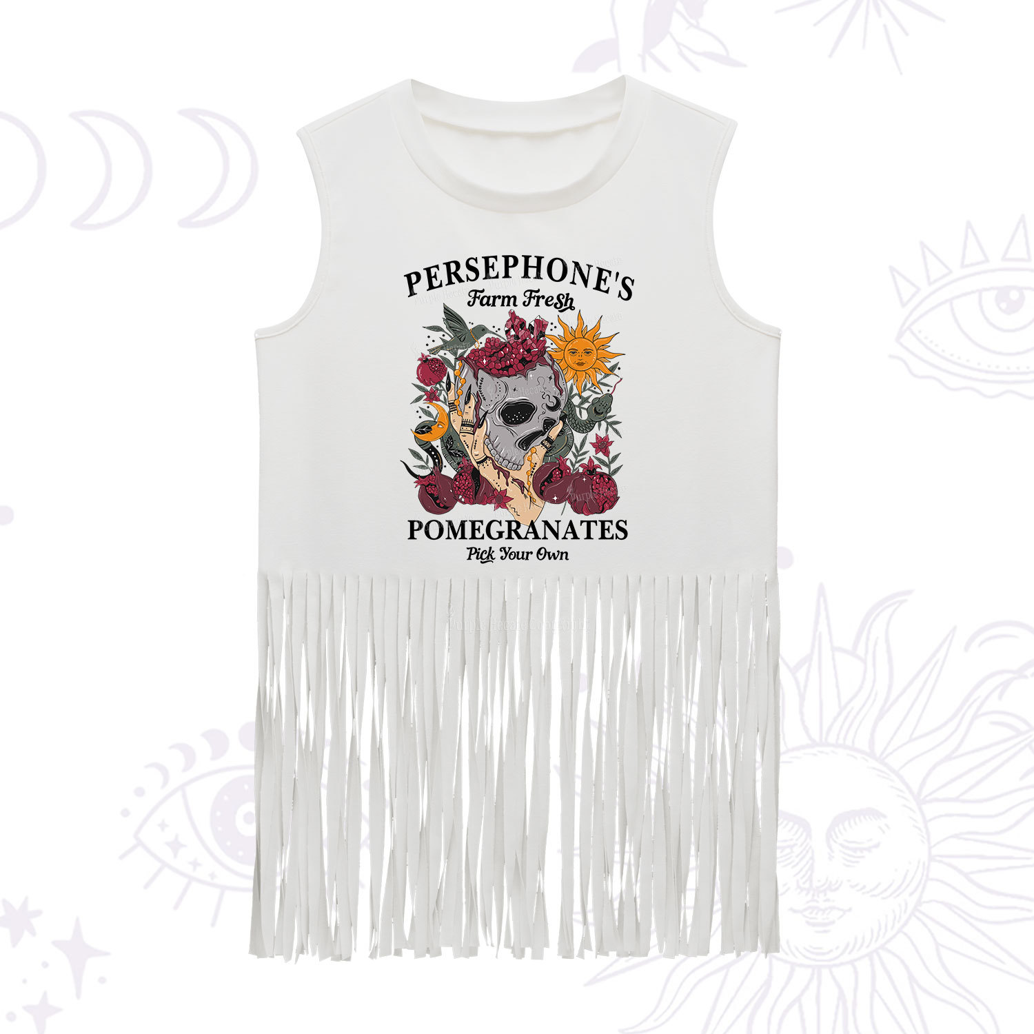 Purplehecate Persephone's Farm Fresh Pomegranates Pick Your Own Fringe Tank Top