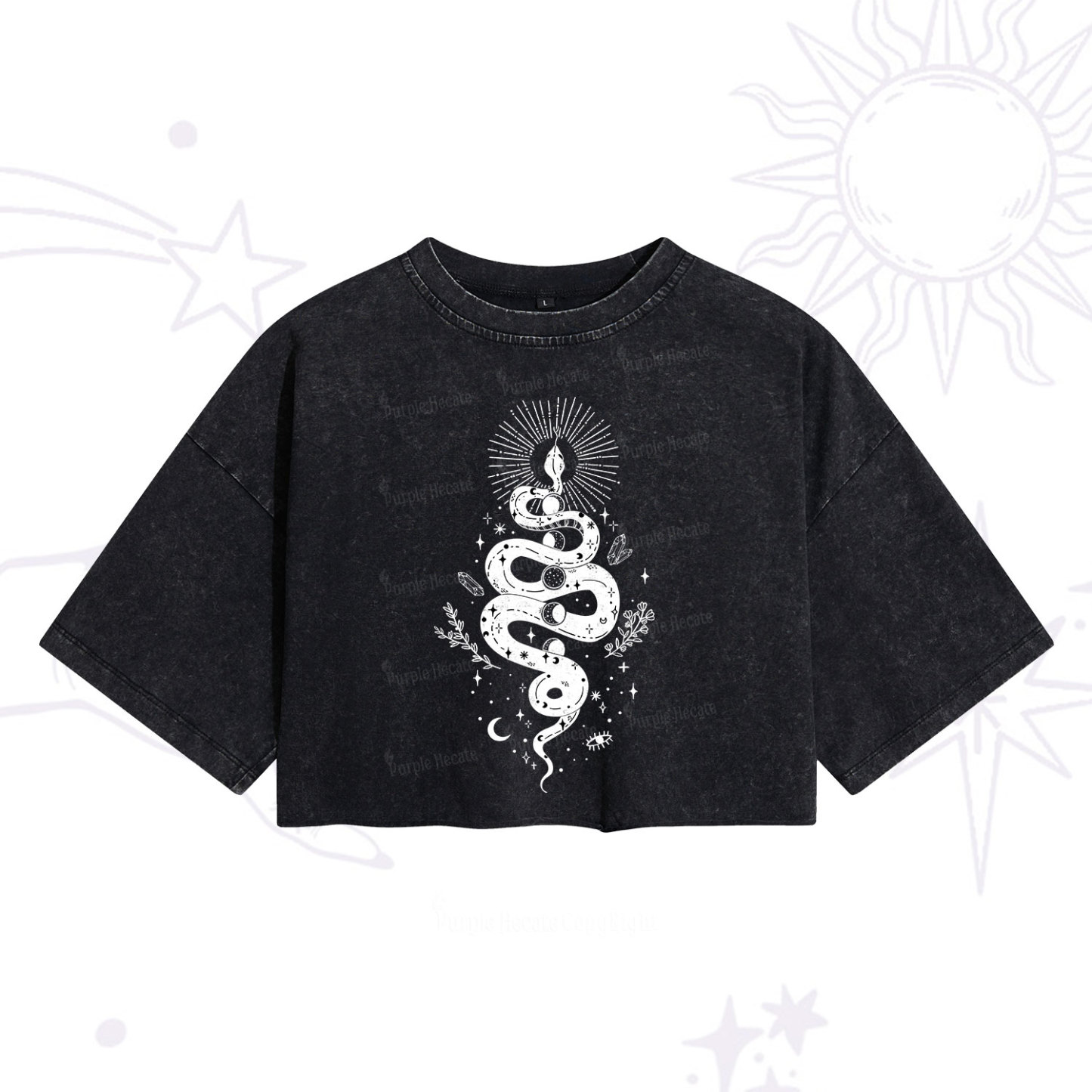 Purplehecate Mystical Moon Phases Snake Washed Cropped T-Shirt