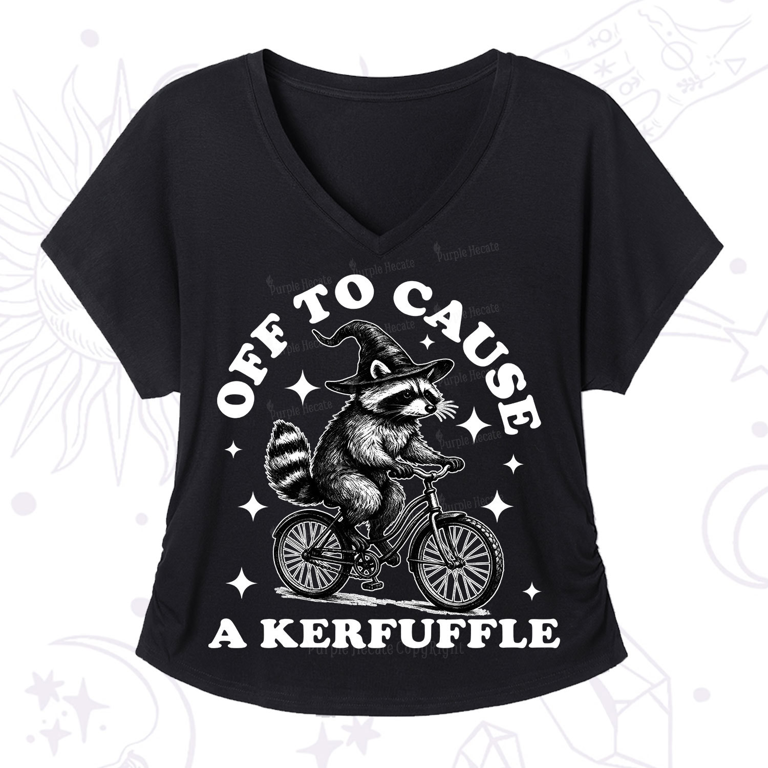 Purplehecate Off to Cause a Kerfuffle Raccoon V-Neck T-Shirt