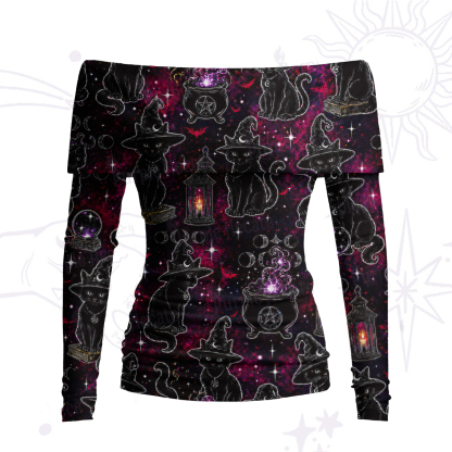 Purplehecate Brewing Black Cat Off Shoulder Long Sleeve Knit Top