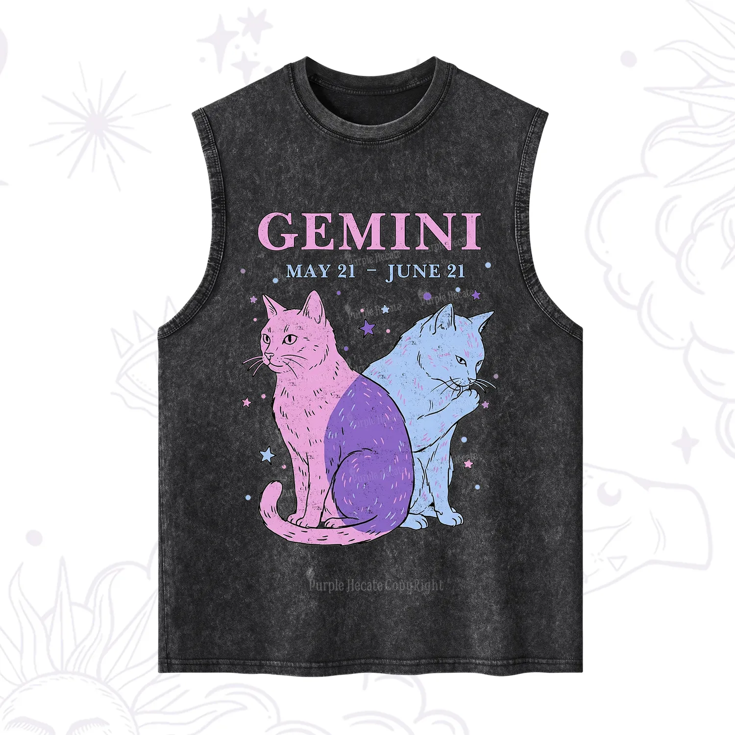Purplehecate Gemini Zodiac Cats Washed Tank