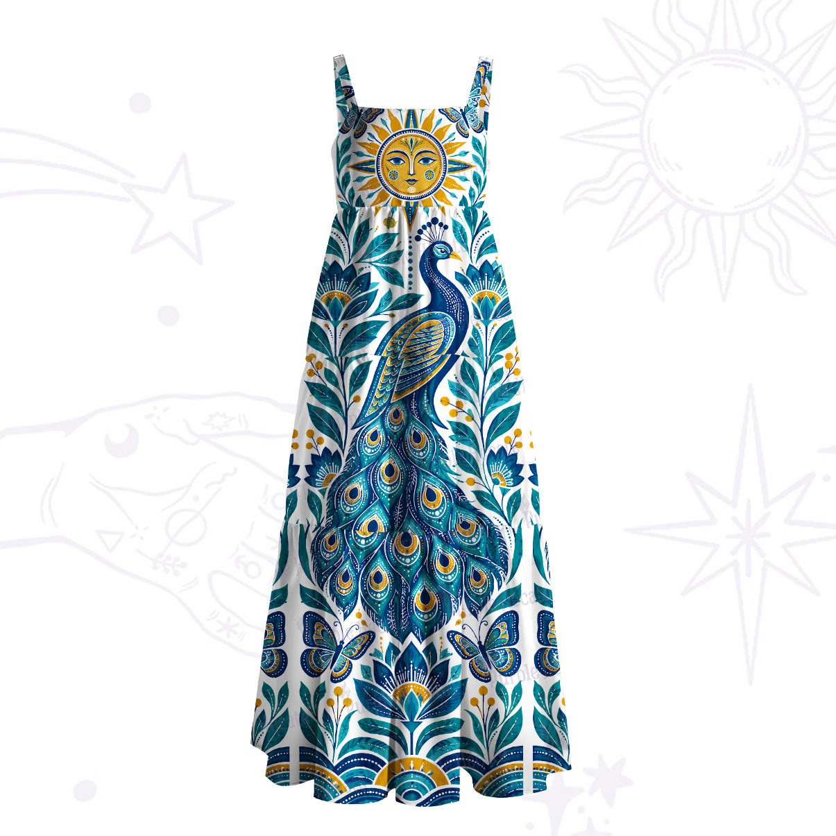 Purplehecate Sun Crowned Enchanted Peacock Wide Straps Maxi Dress